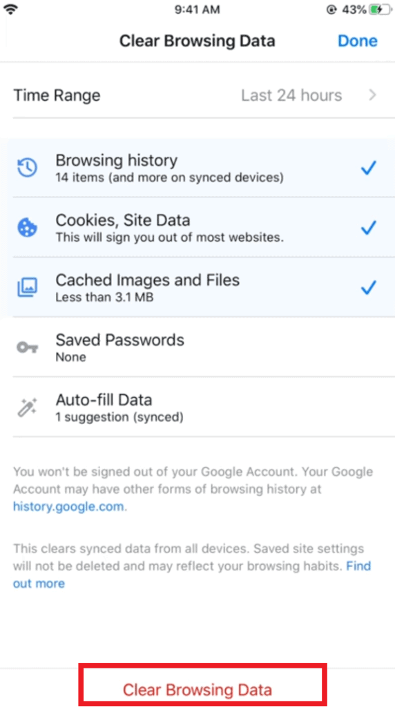 iPhone and iPad clear your Google history step 4