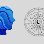 Artificial intelligence concept merging with astrology — a blue AI head next to a zodiac chart showing all twelve signs, symbolizing the blend of technology and celestial science.