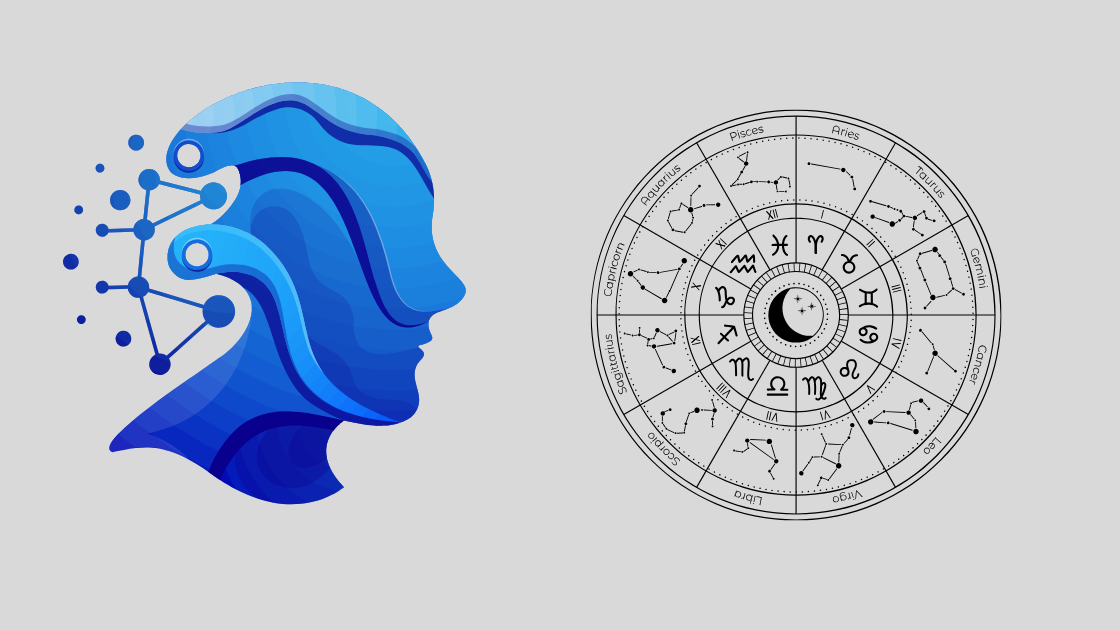 Artificial intelligence concept merging with astrology — a blue AI head next to a zodiac chart showing all twelve signs, symbolizing the blend of technology and celestial science.