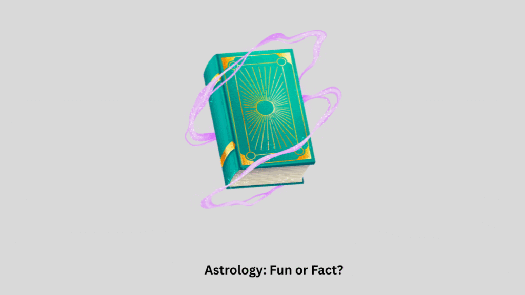 Floating mystical astrology book glowing with purple energy rings, representing the debate between astrology as entertainment or scientific fact.