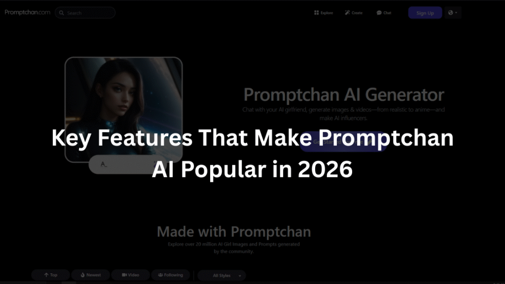 Screenshot featuring the title ‘Key Features That Make Promptchan AI Popular in 2026’ over a dark-themed Promptchan AI Generator interface with an AI-generated female character