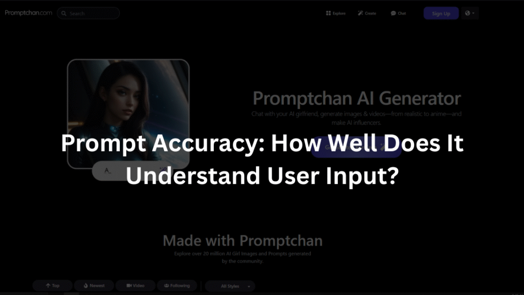 Title slide showing the text ‘Prompt Accuracy: How Well Does It Understand User Input?’ over a blurred Promptchan AI Generator interface with an AI-generated female avatar