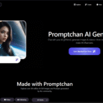 Screenshot of the Promptchan AI Generator homepage showing an AI-generated female character, search bar, Get Started button, and site navigation options like Explore, Create, and Chat.