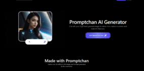 Screenshot of the Promptchan AI Generator homepage showing an AI-generated female character, search bar, Get Started button, and site navigation options like Explore, Create, and Chat.