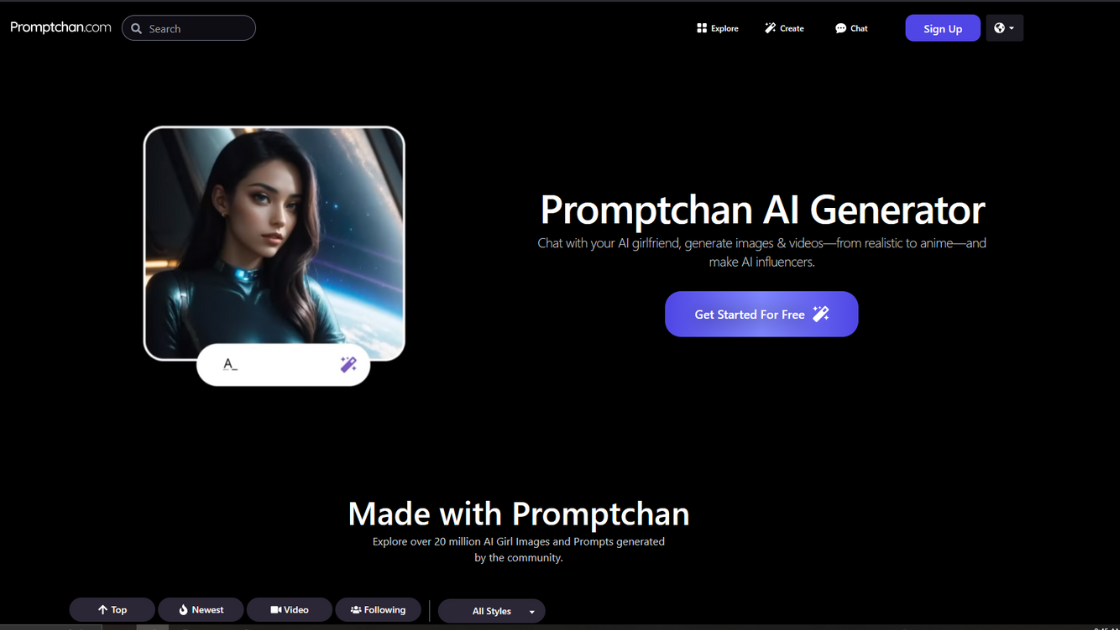 Screenshot of the Promptchan AI Generator homepage showing an AI-generated female character, search bar, Get Started button, and site navigation options like Explore, Create, and Chat.