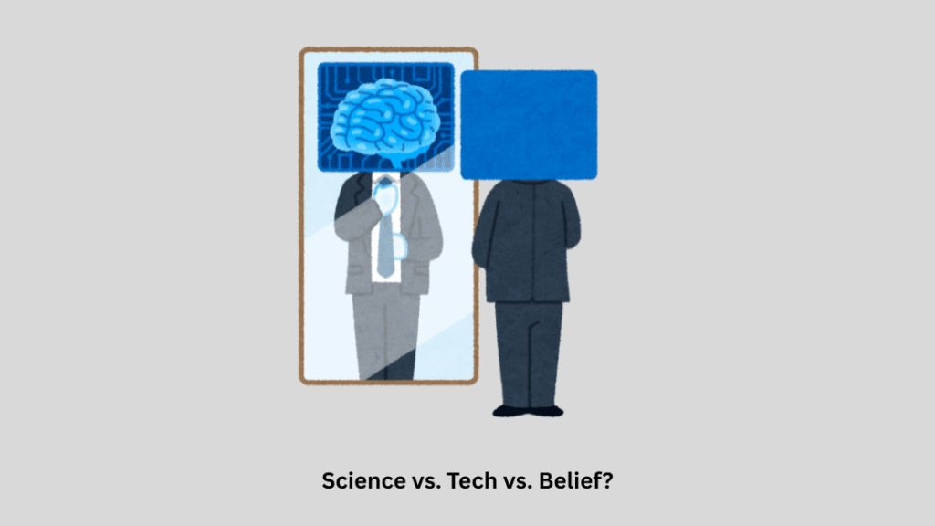 Person with a digital head looking into a mirror showing a brain, symbolizing the balance between science, technology, and belief in AI astrology.