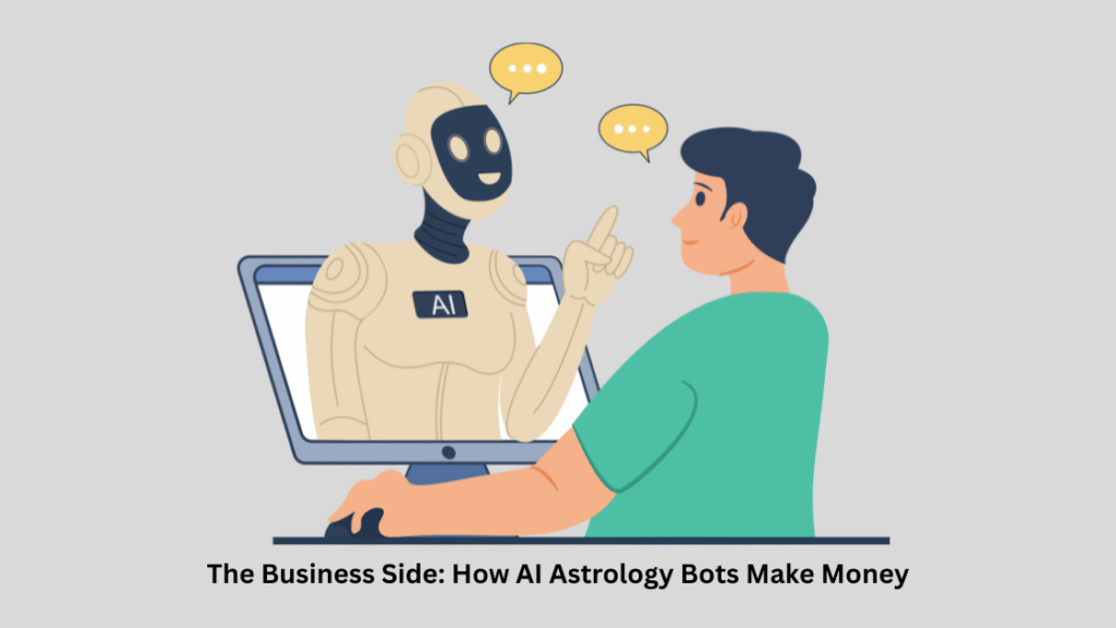 Man chatting with an AI robot on a computer screen, representing how AI astrology bots make money through user interaction and digital services.