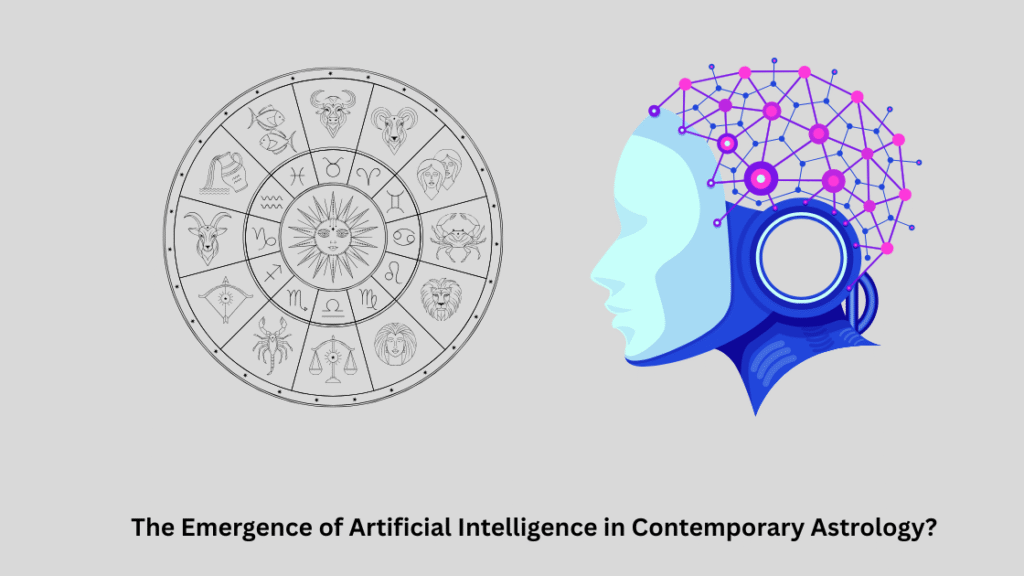 AI and astrology fusion — futuristic robotic head with neural network beside a zodiac wheel, representing the rise of artificial intelligence in modern astrology.