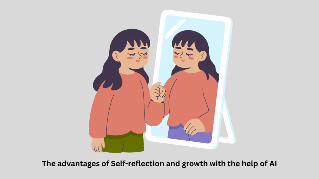 Woman peacefully looking into a mirror, symbolizing self-reflection and personal growth supported by AI insights