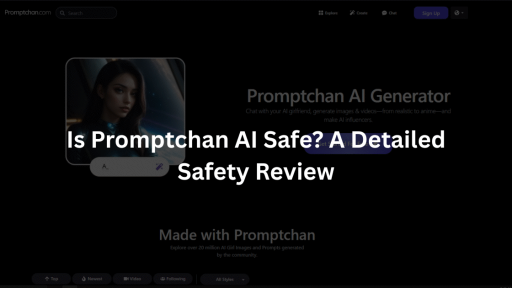 Title slide displaying the text ‘Is Promptchan AI Safe? A Detailed Safety Review’ over a blurred Promptchan AI Generator interface with an AI character preview