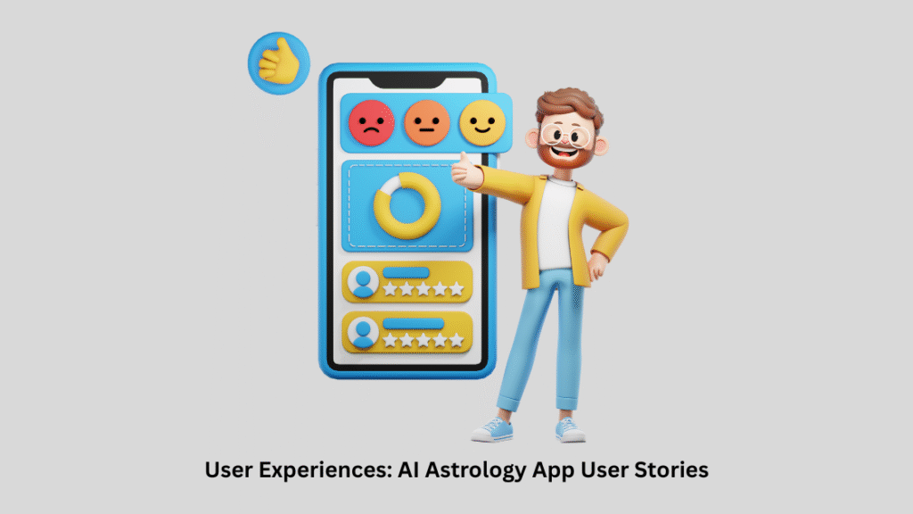 Happy man giving thumbs-up beside a smartphone showing ratings and reviews, representing positive AI astrology app user experiences.