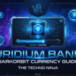 Futuristic Uridium Bank interface from DarkOrbit showing currency storage and progress bar, used as the hero image for a DarkOrbit Uridium farming guide