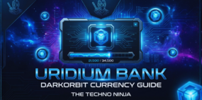 Futuristic Uridium Bank interface from DarkOrbit showing currency storage and progress bar, used as the hero image for a DarkOrbit Uridium farming guide