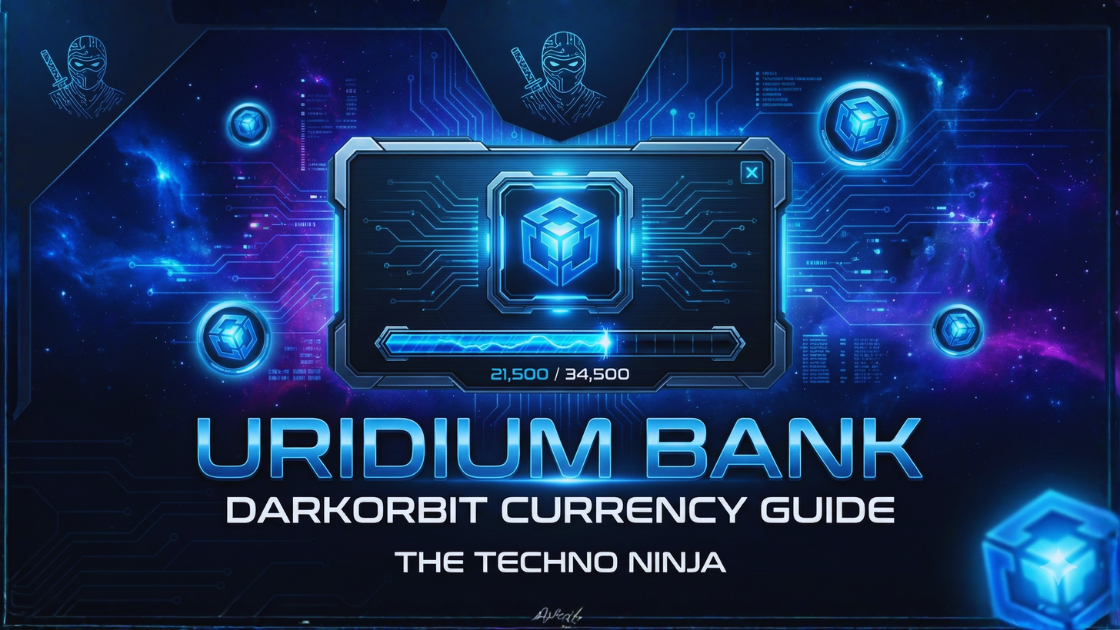 Futuristic Uridium Bank interface from DarkOrbit showing currency storage and progress bar, used as the hero image for a DarkOrbit Uridium farming guide